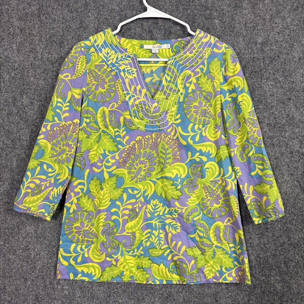 Boden Top Blouse  Womens 6 Floral Tunic Stitched Trim Artsy Vacation Tropical